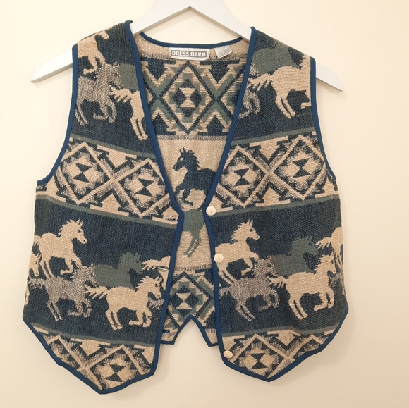 Vintage Jackets & Blazers - Vintage Tapestry Vest Western Wild Horses Blue & Beige Size Large